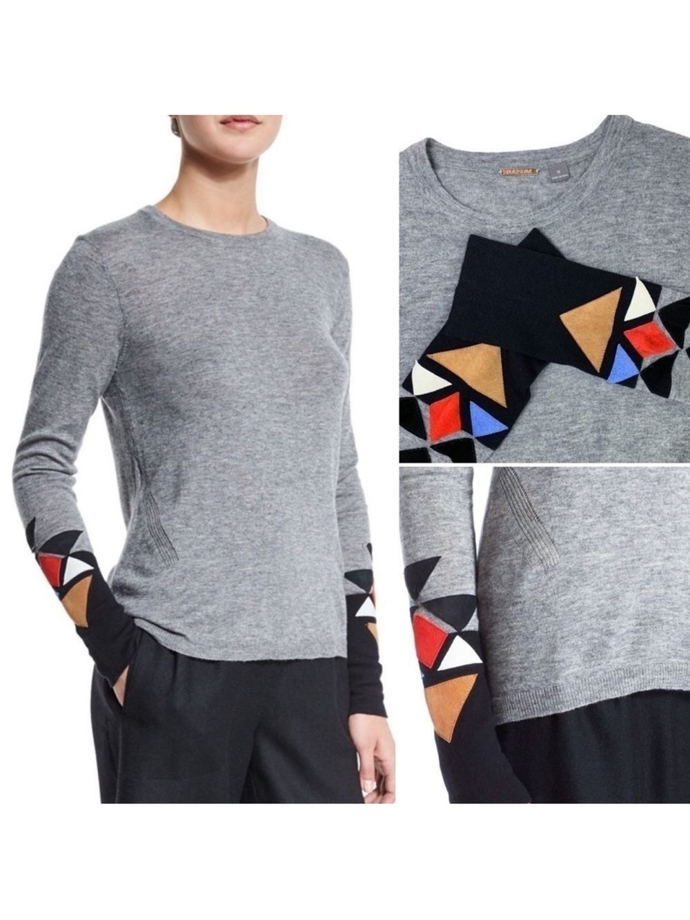 Foundrae Leather Trim Cuff Gray Crewneck Sweater Small